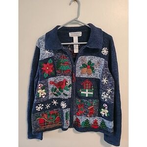 Tiara International Xmas Collection Blue Full Zip Sweater Cardinal RedPlaid Sz L